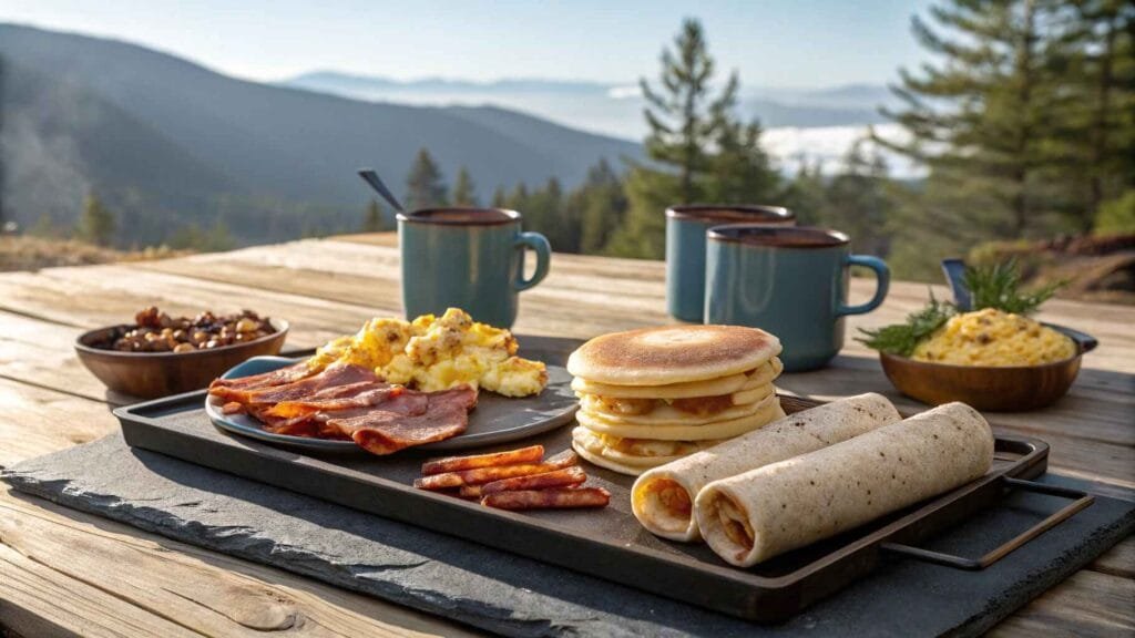 Delicious Blackstone Breakfast Recipes. A vibrant breakfast spread with pancakes, bacon, eggs, and burritos cooked on a Blackstone griddle."
