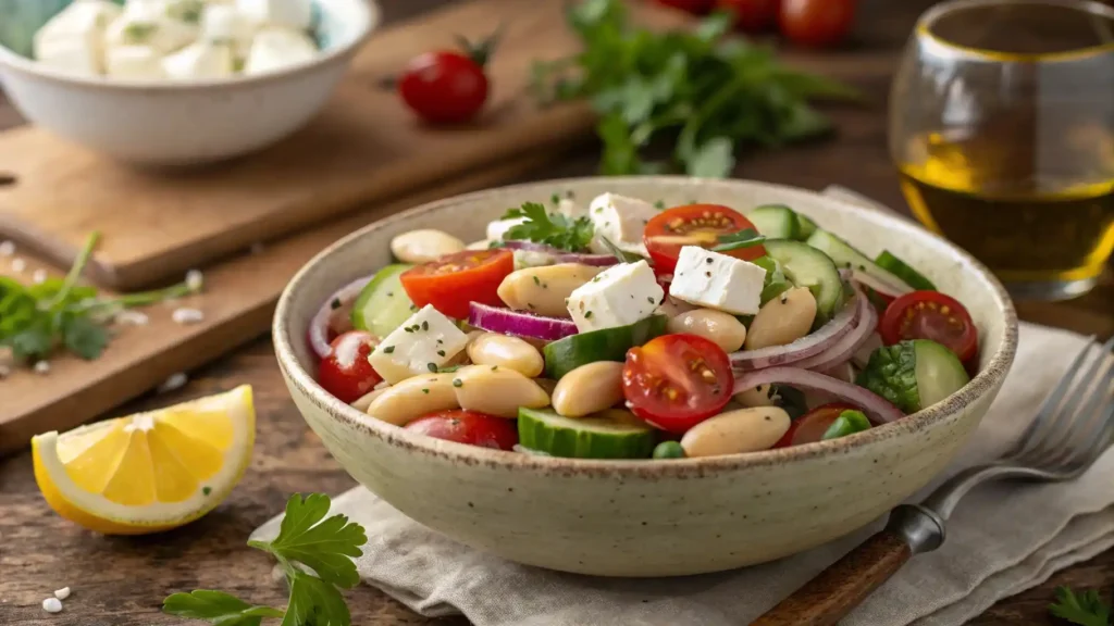 A vibrant Mediterranean butter bean salad with cherry tomatoes, red onions, cucumbers, and feta cheese, drizzled with olive oil.