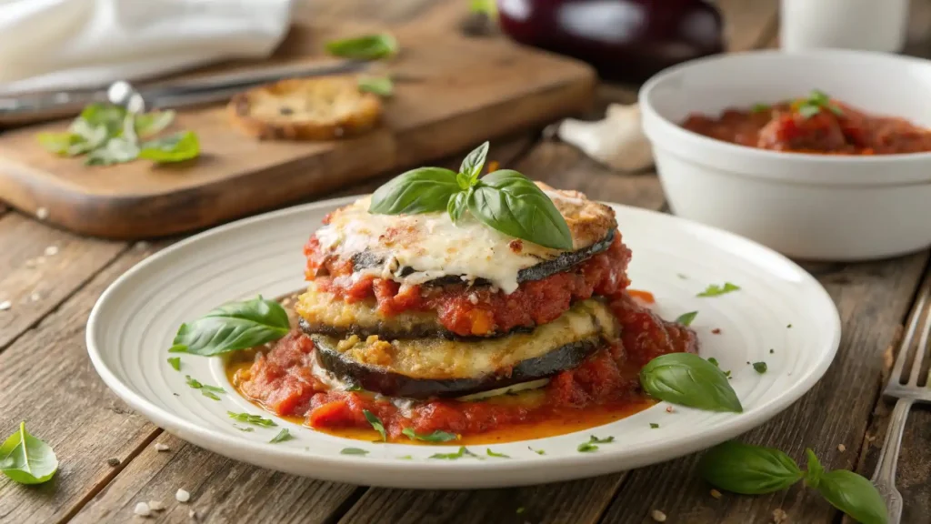 A plated Eggplant Parmigiana with tomato sauce, melted cheese, and fresh basil on a wooden table.
