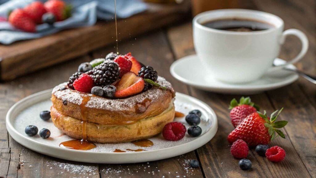 French Toast Bagel Recipe : French toast bagel with fresh berries, powdered sugar, and maple syrup, served with coffee.