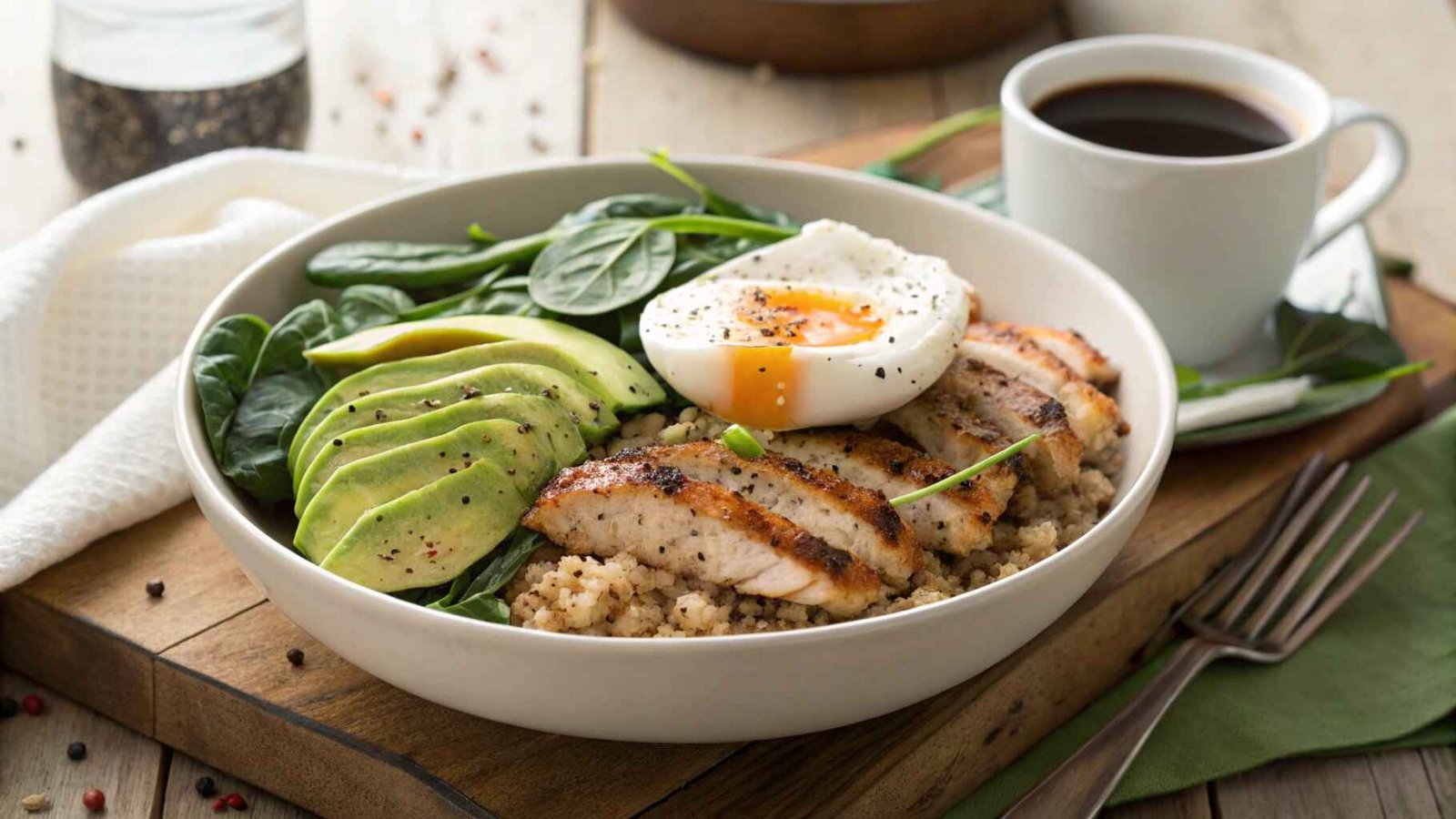 A vibrant grilled chicken breakfast bowl with spinach, quinoa, avocado, and a poached egg on a rustic wooden table.
