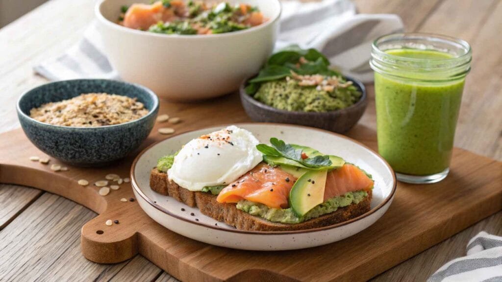 A vibrant salmon breakfast spread with avocado toast, quinoa bowl, and green smoothie.