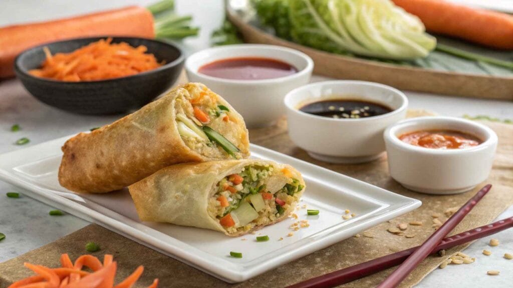 Veggie egg roll served on a white plate with dipping sauces and fresh vegetables."