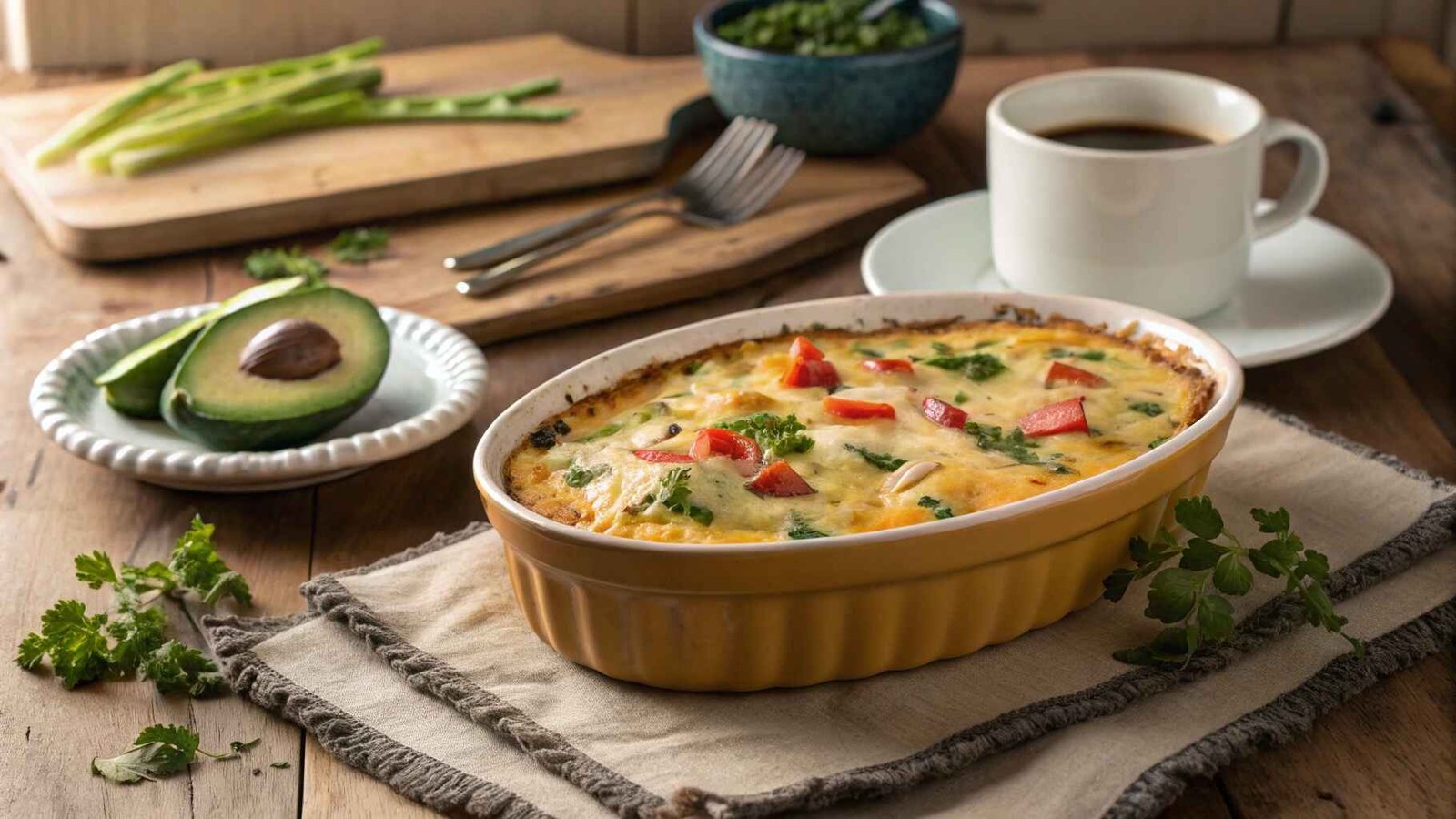 A vegetable-packed gluten-free breakfast casserole topped with golden cheese and garnished with fresh herbs.
