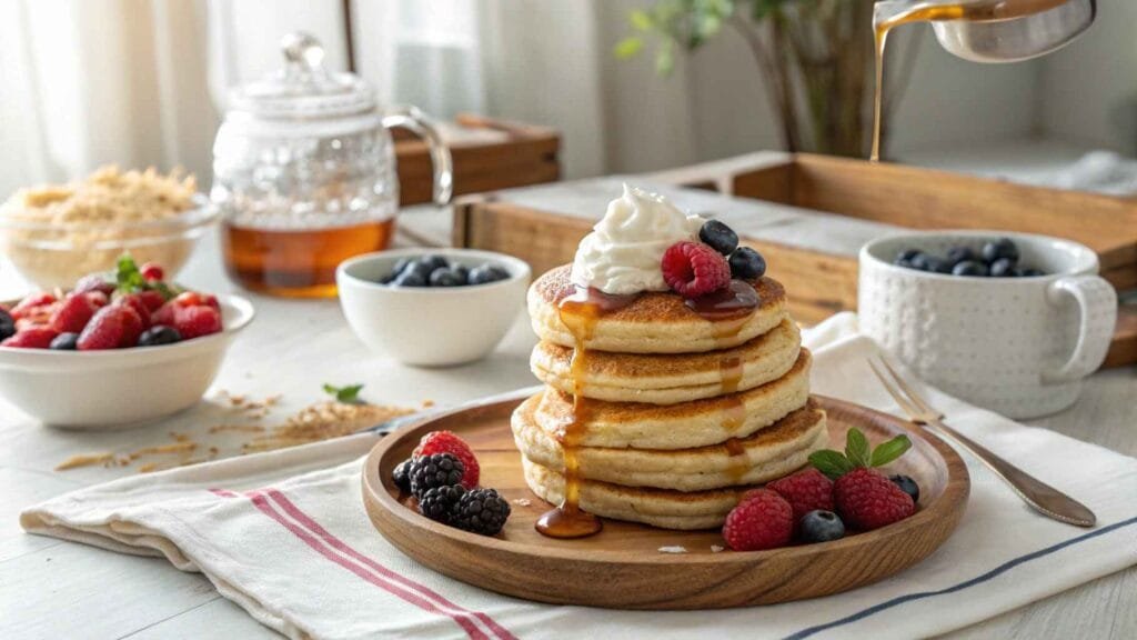 A stack of fluffy pancakes topped with syrup, berries, and whipped cream on a styled breakfast table.