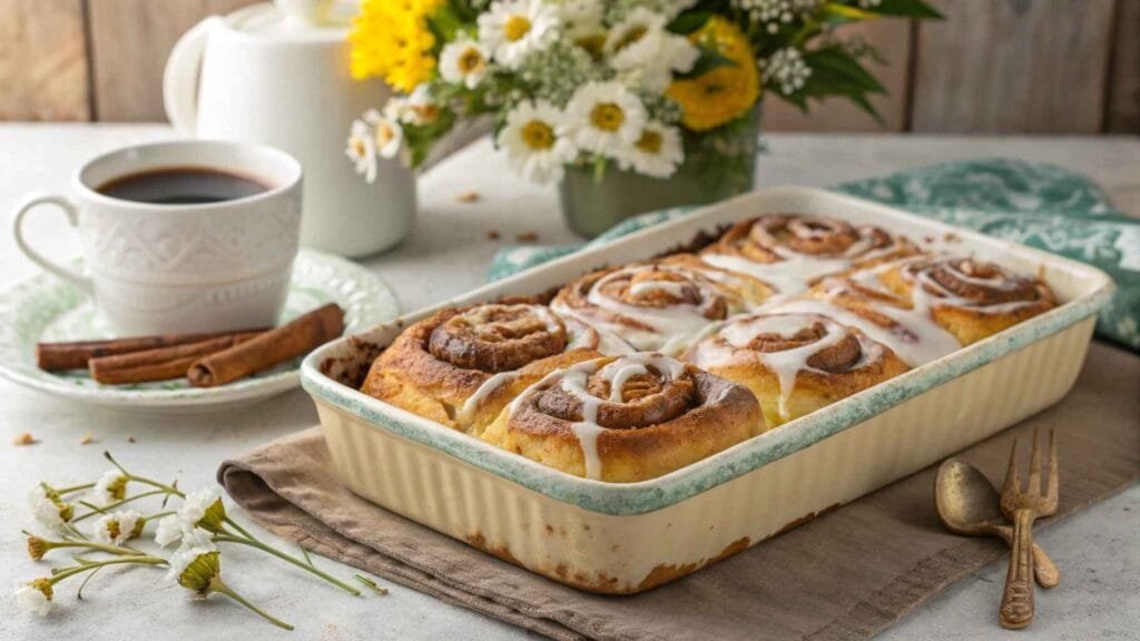 Cinnamon Roll Breakfast Casserole Recipe. A golden cinnamon roll breakfast casserole drizzled with glaze, styled in a rustic dish with a cozy kitchen backdrop