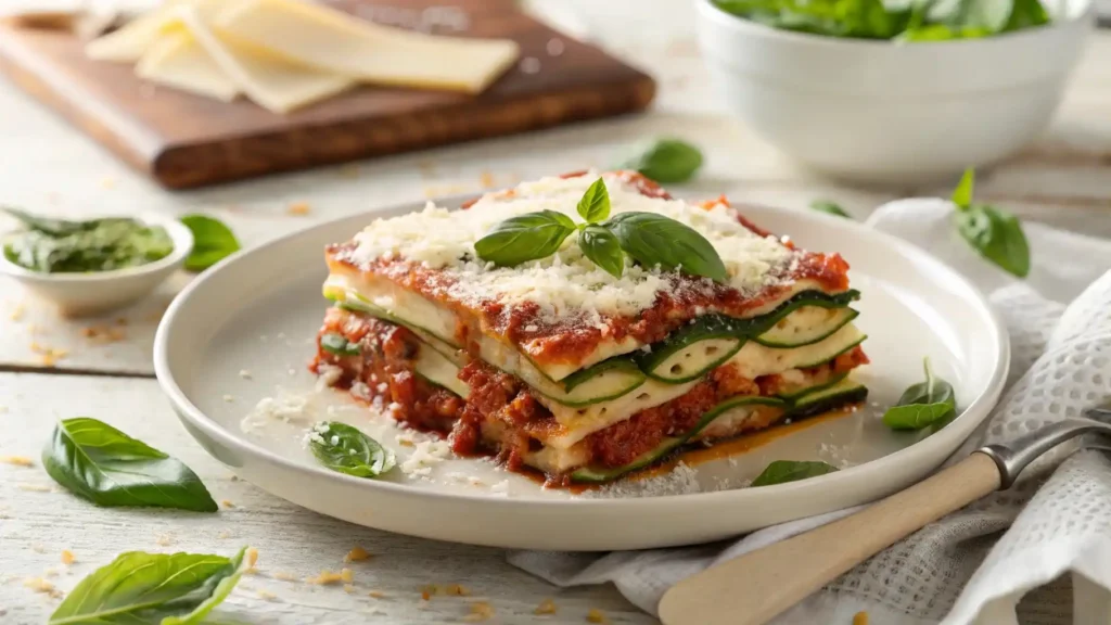 A plate of gluten-free lasagna made with zucchini, ricotta, and marinara sauce, garnished with fresh basil and Parmesan cheese.