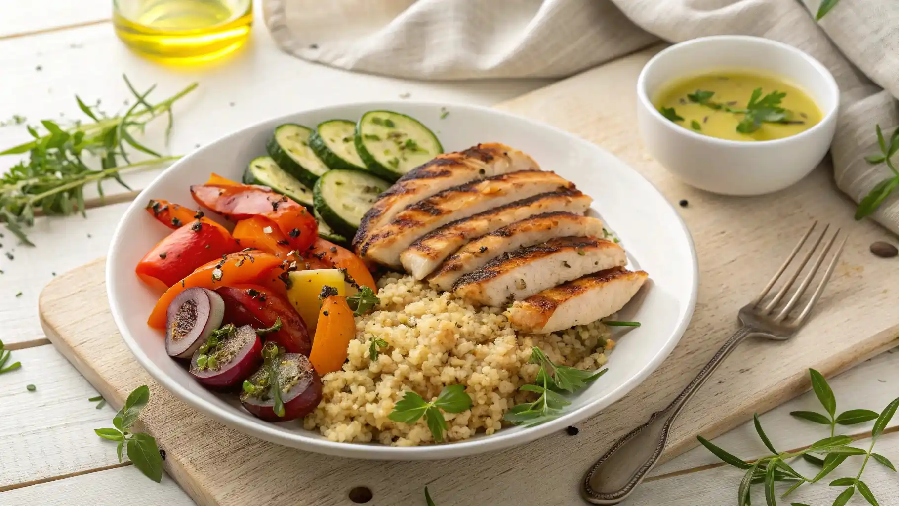 A vibrant plate of low FODMAP dinner with grilled chicken, roasted vegetables, and quinoa on a rustic wooden table.