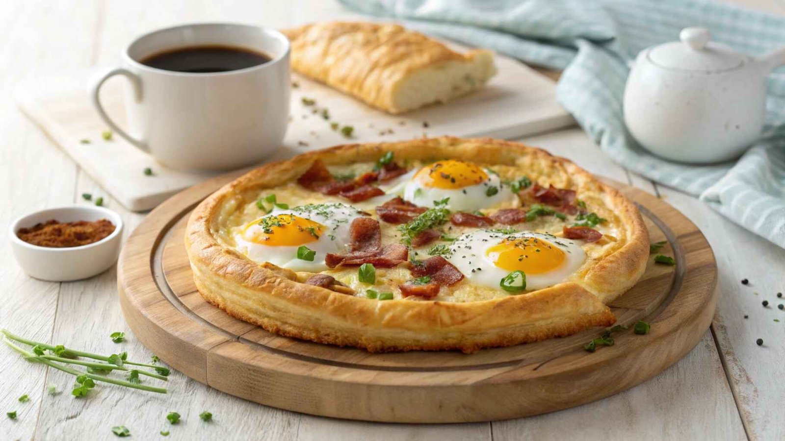 A golden puff pastry breakfast tart with eggs, cheese, and bacon, garnished with chives on a rustic plate