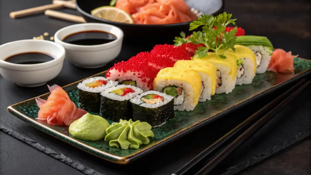 Sushi platter with colorful tobiko toppings and traditional garnishes on a sleek black background.