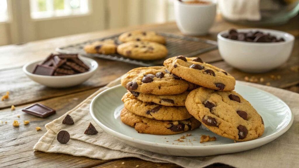 A stack of golden chocolate chip cookies made without brown sugar, on a plate with visible melted chocolate chips.