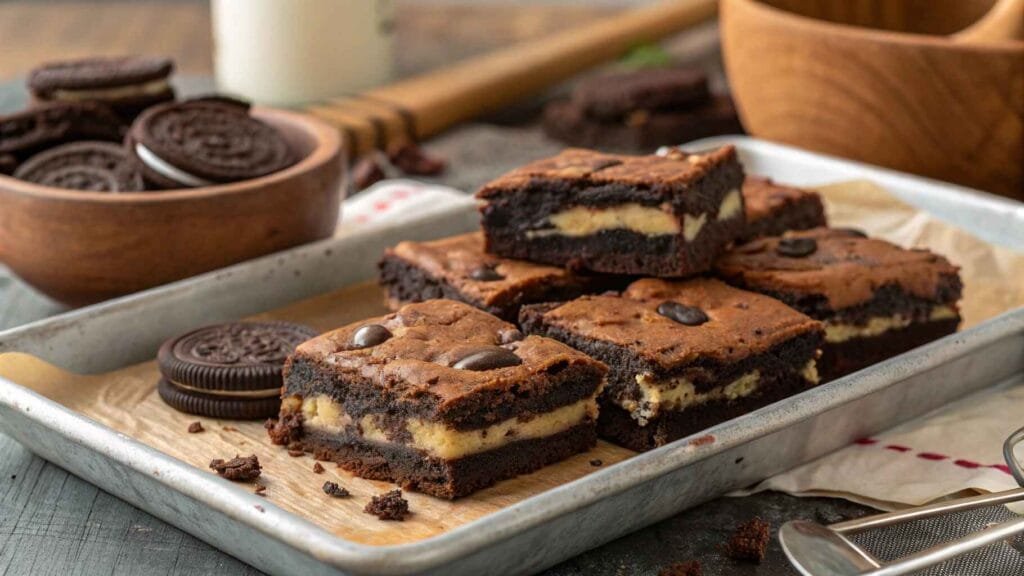 A tray of gooey slutty brownies with visible cookie dough, Oreo, and brownie layers.