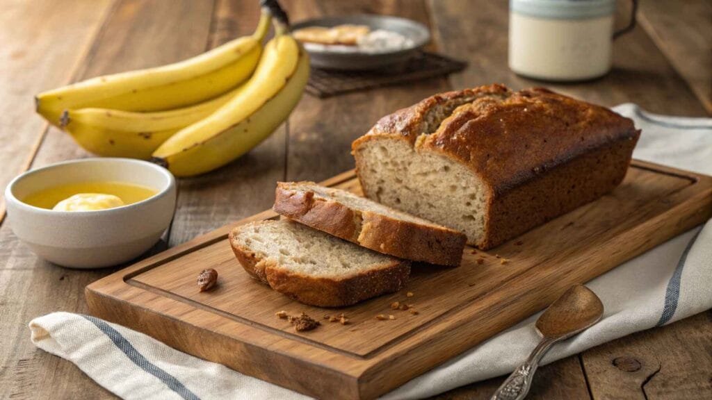 Freshly baked moist banana bread with ripe bananas and butter in a cozy kitchen.