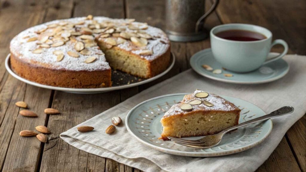 Moist almond nut cake topped with slivered almonds and powdered sugar, served with tea.