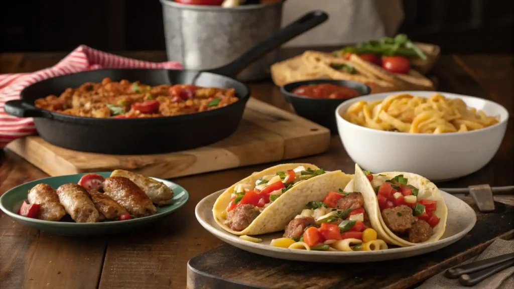 A delicious assortment of ground sausage recipes, including pasta, stuffed peppers, tacos, and gnocchi, served on a wooden table.
