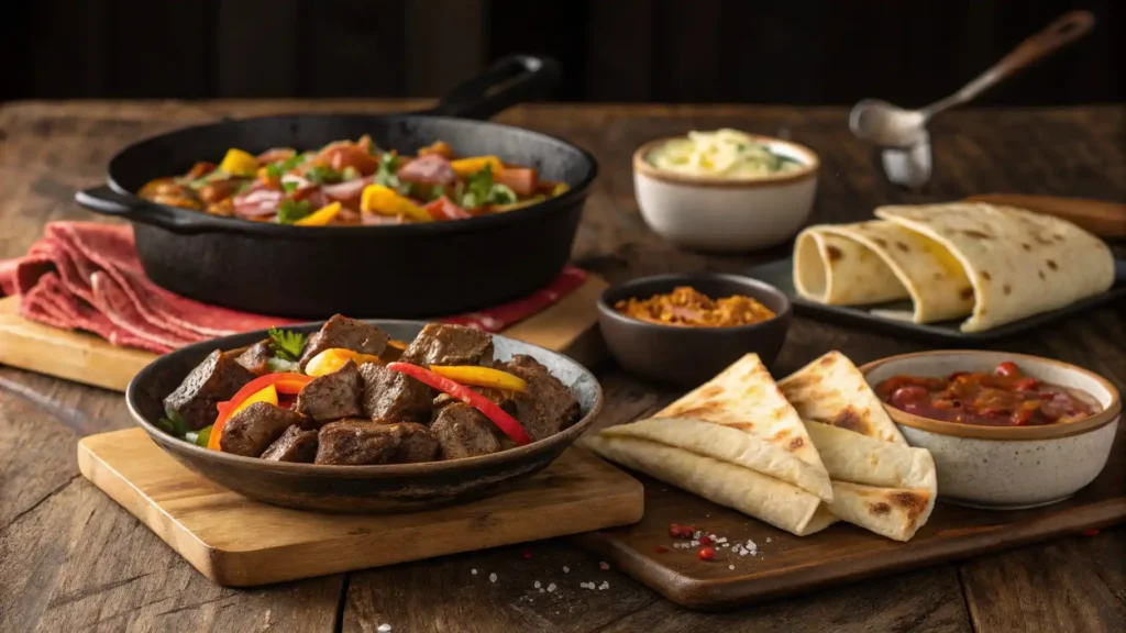 A delicious spread of easy beef recipes, including steak bites, stir-fry, quesadillas, and beef chili, served on a rustic wooden table.