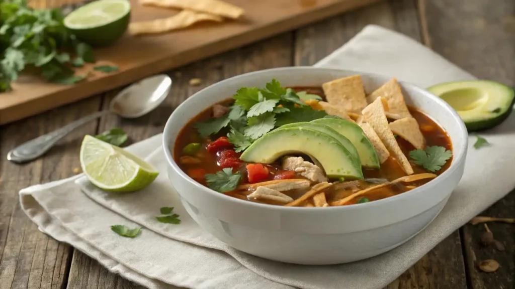 A bowl of Mexican chicken soup garnished with avocado, cilantro, lime, and tortilla strips on a rustic wooden table.