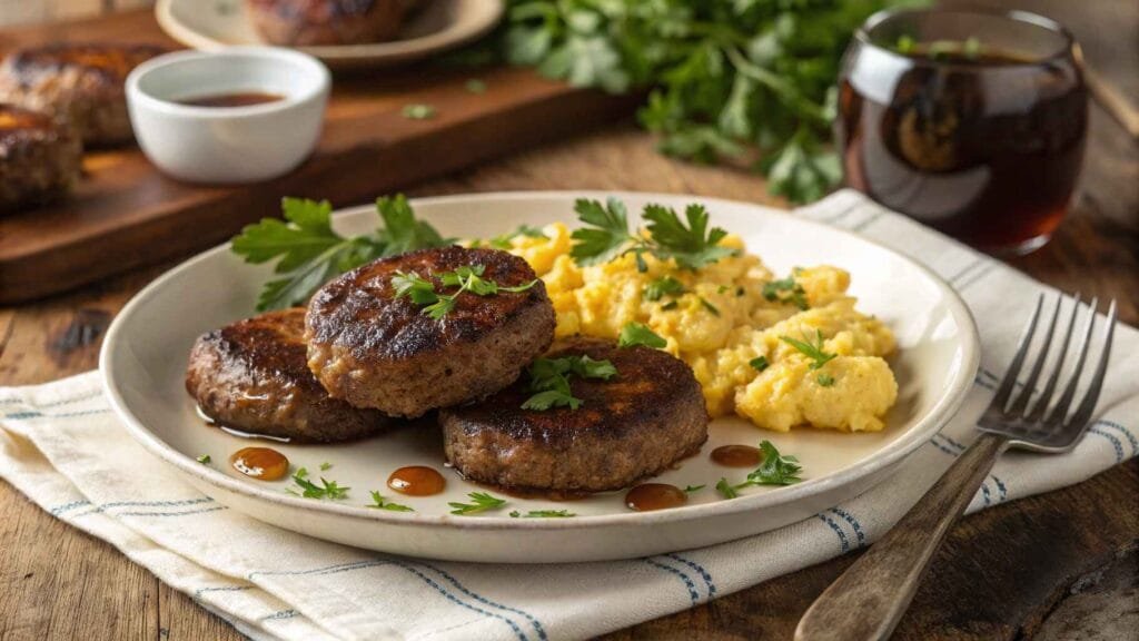 Venison breakfast sausage patties served with scrambled eggs, hash browns, and maple syrup.
