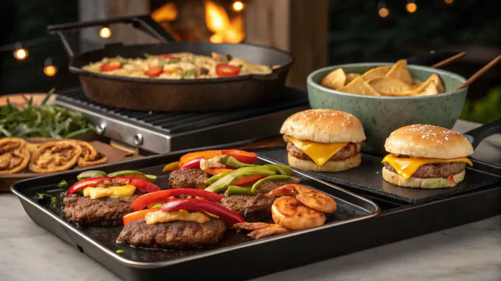 A sizzling Blackstone griddle with burgers, fajitas, steak, and shrimp tacos in an outdoor cooking setup.