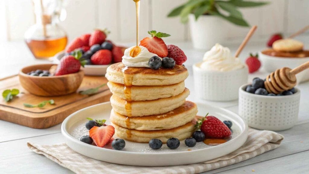 Mini Pancakes. A stack of fluffy mini pancakes topped with syrup, fresh fruit, and whipped cream on a plate in a cozy kitchen.