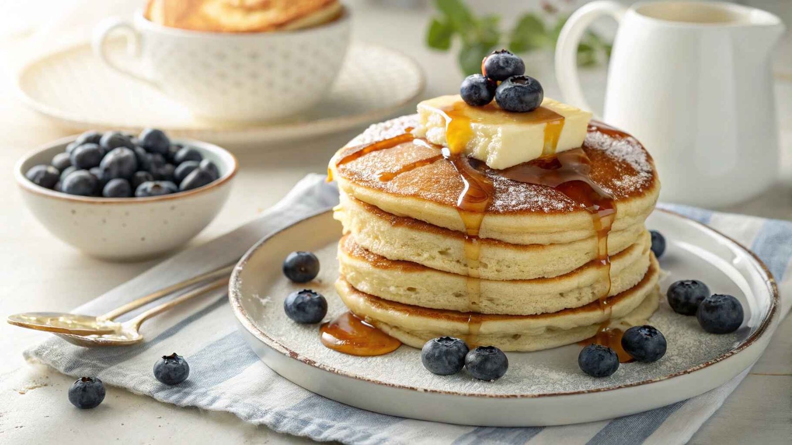 Pancake Recipe Without Buttermilk. A stack of fluffy pancakes without buttermilk, topped with butter, syrup, and blueberries.