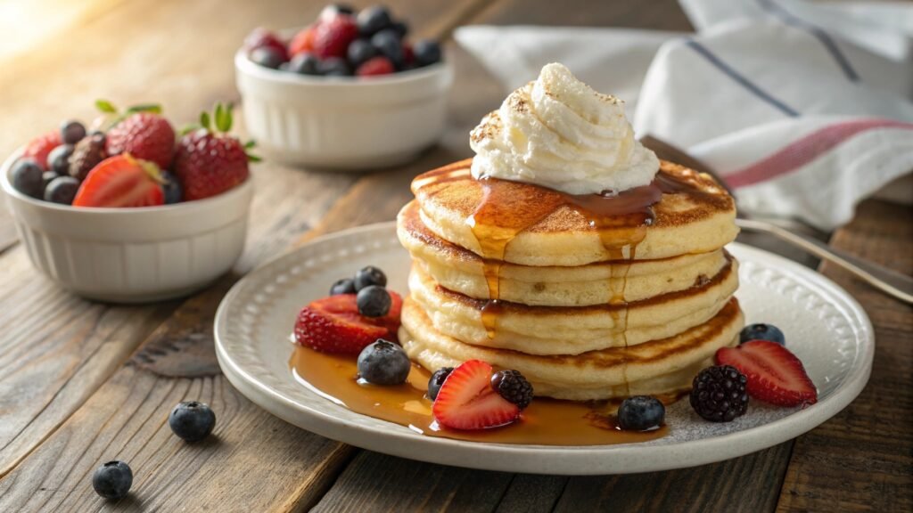 A stack of fluffy pancakes topped with syrup, fresh berries, and whipped cream on a wooden table.