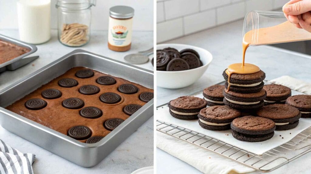 How to Make Perfect Slutty Brownies Every Time 6 Step-by-step layering of slutty brownies: cookie dough, Oreos, and brownie batter in a baking pan.