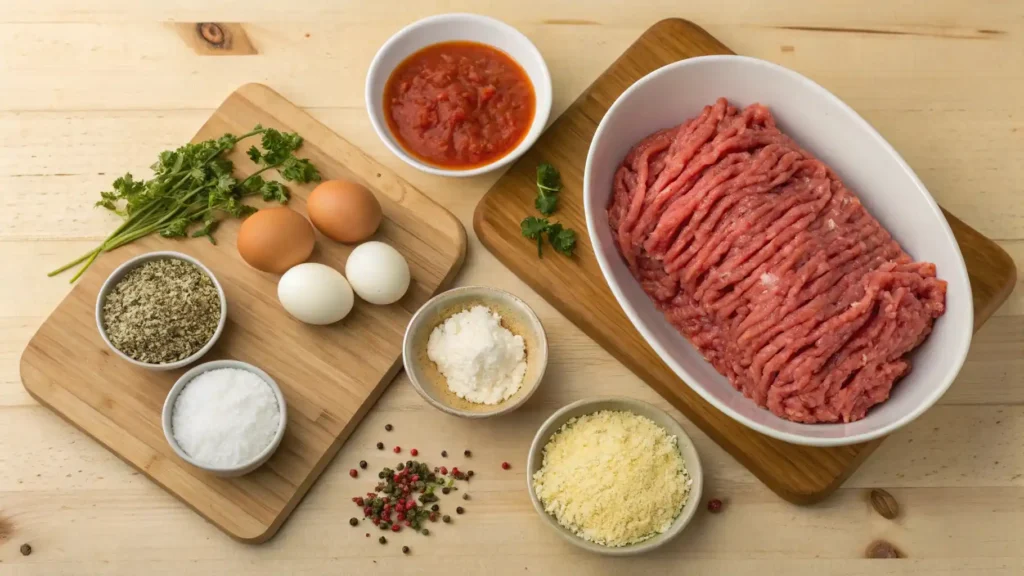 Ingredients for making the perfect Italian meatloaf, including ground meat, parmesan cheese, breadcrumbs, eggs, and herbs.