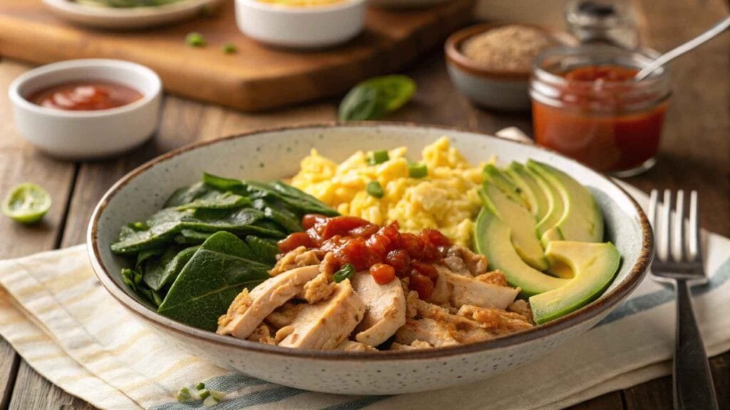 A colorful savory chicken breakfast bowl with eggs, avocado, spinach, and hot sauce on a rustic table.