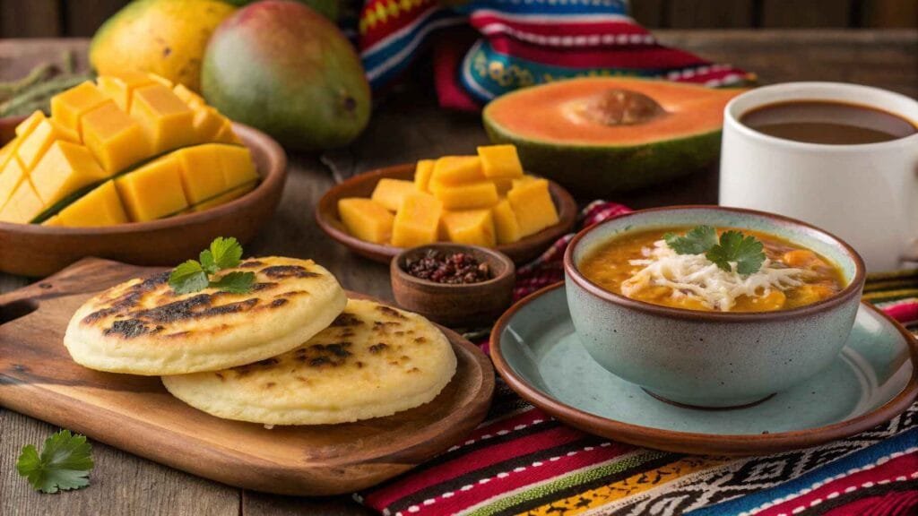 A colorful Colombian breakfast spread with arepas, changua soup, tropical fruits, and Colombian coffee