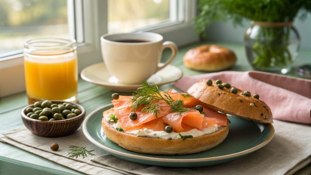 A toasted bagel with smoked salmon, cream cheese, dill, and capers, served with coffee and orange juice on a breakfast table.