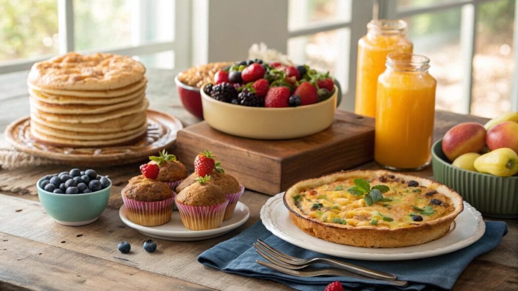 A vibrant gluten-free brunch spread with pancakes, quiche, muffins, fresh fruit, and juices.