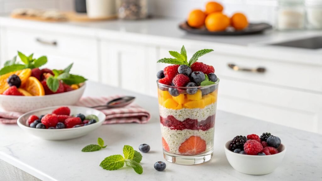 A layered breakfast shot with fresh fruits and mint leaves on a white kitchen counter.