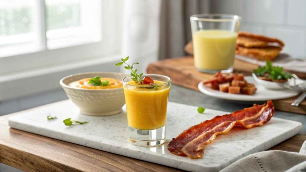 How to Make the Perfect Breakfast Shot in Minutes. A breakfast shot served with orange juice and crispy beef bacon on a bright kitchen countertop