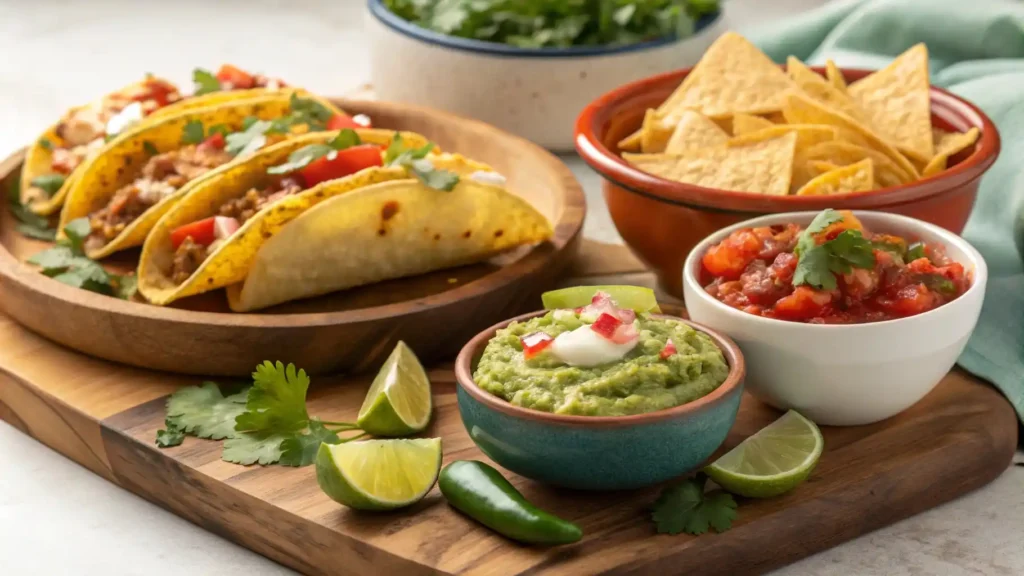 A spread of authentic Mexican dishes, including tacos, enchiladas, guacamole, and salsa, garnished with lime wedges and cilantro.