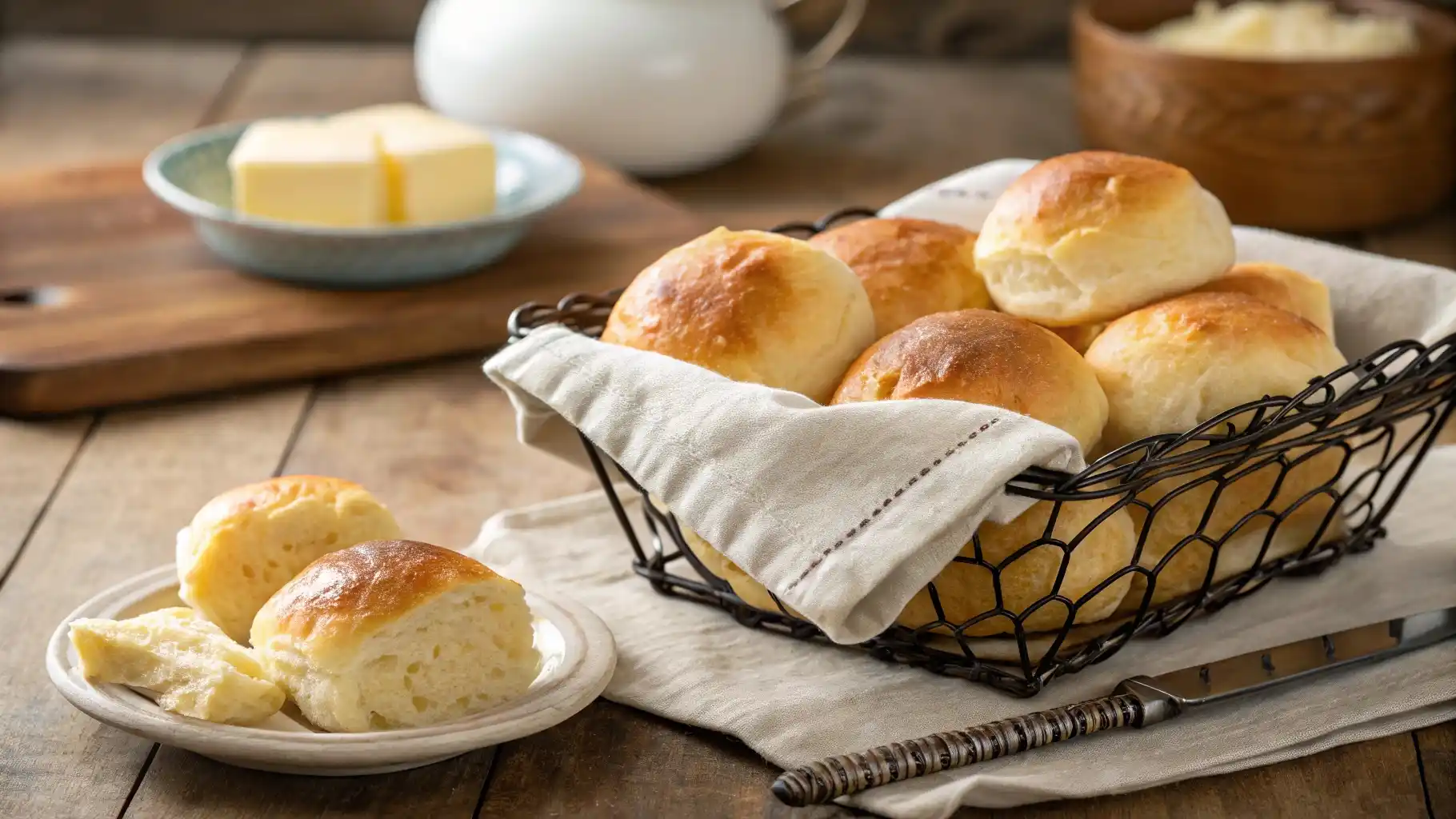 Freshly baked no-yeast dinner rolls in a basket with butter on the side.