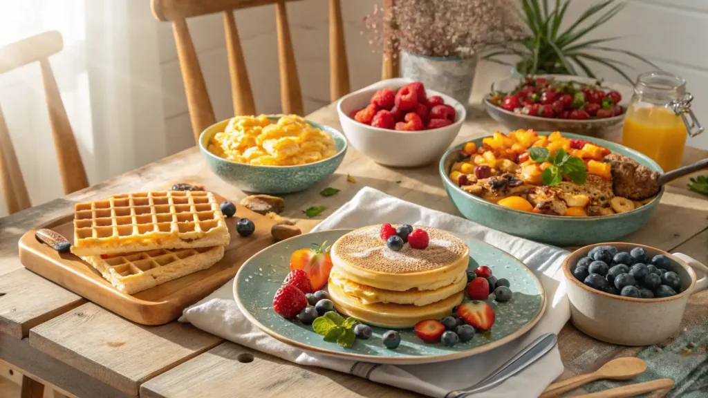 A stack of fluffy pancakes with butter, syrup, and berries on a white plate