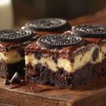 How to Make Perfect Slutty Brownies Every Time 9 A stack of gooey, fudgy Slutty Brownies with a cookie base, Oreo middle, and brownie top, drizzled with chocolate and served on a wooden board.