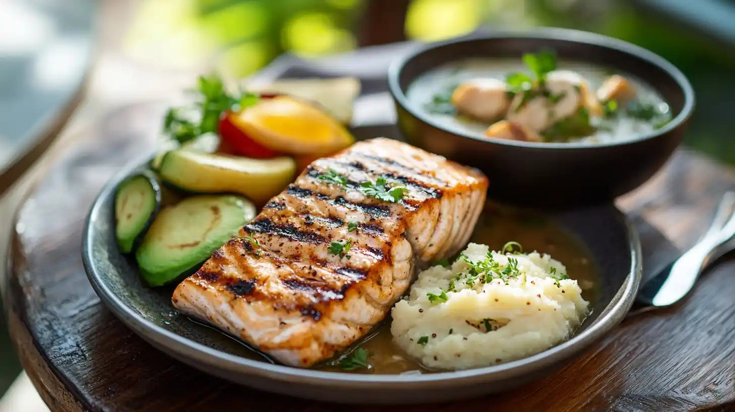 A variety of IBS-friendly dinners, including salmon with quinoa, bone broth soup, baked cod, and avocado tuna salad, served on a wooden table.