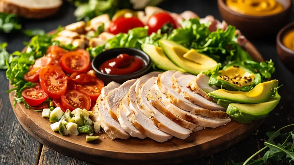 A beautifully arranged turkey lunch meat platter with fresh ingredients, including lettuce, tomatoes, avocado, cheese, and sauces on a wooden table