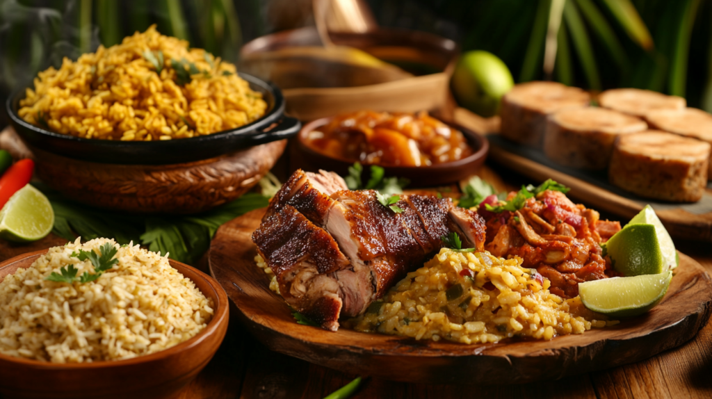 A delicious Puerto Rican lunch spread featuring arroz con gandules, pernil, tostones, and mofongo on a rustic wooden table.