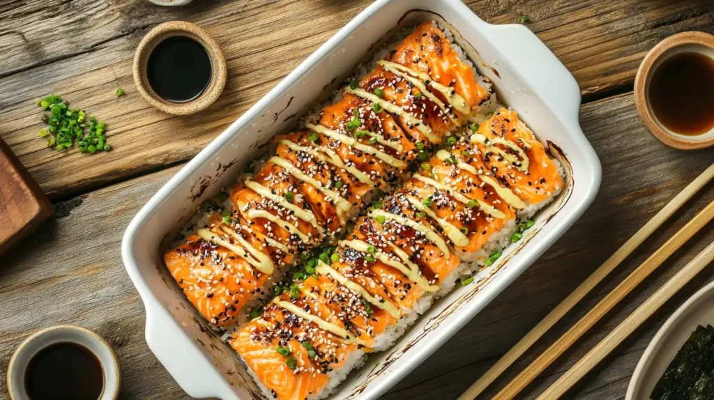 A freshly baked salmon sushi dish with a golden top, spicy mayo drizzle, and sesame seeds, served with chopsticks, soy sauce, and nori sheets