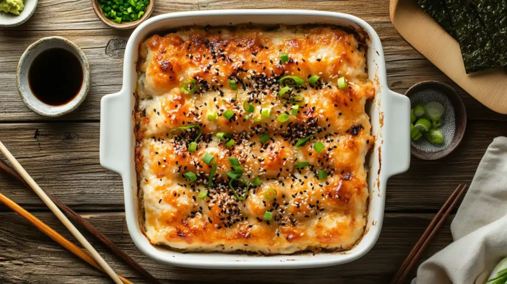 A freshly baked sushi bake in a white dish, topped with green onions and sesame seeds, served with nori sheets and condiments on a wooden table.
