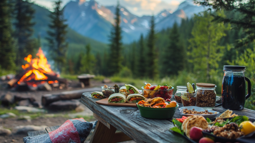 An outdoor camping picnic table with delicious fast & easy camping lunch recipes, including wraps, sandwiches, and fruits, set against a mountain backdrop