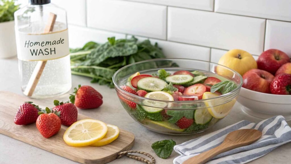 Homemade fruit and vegetable wash in a bowl with fresh produce.