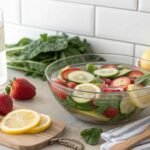 Homemade fruit and vegetable wash in a bowl with fresh produce.