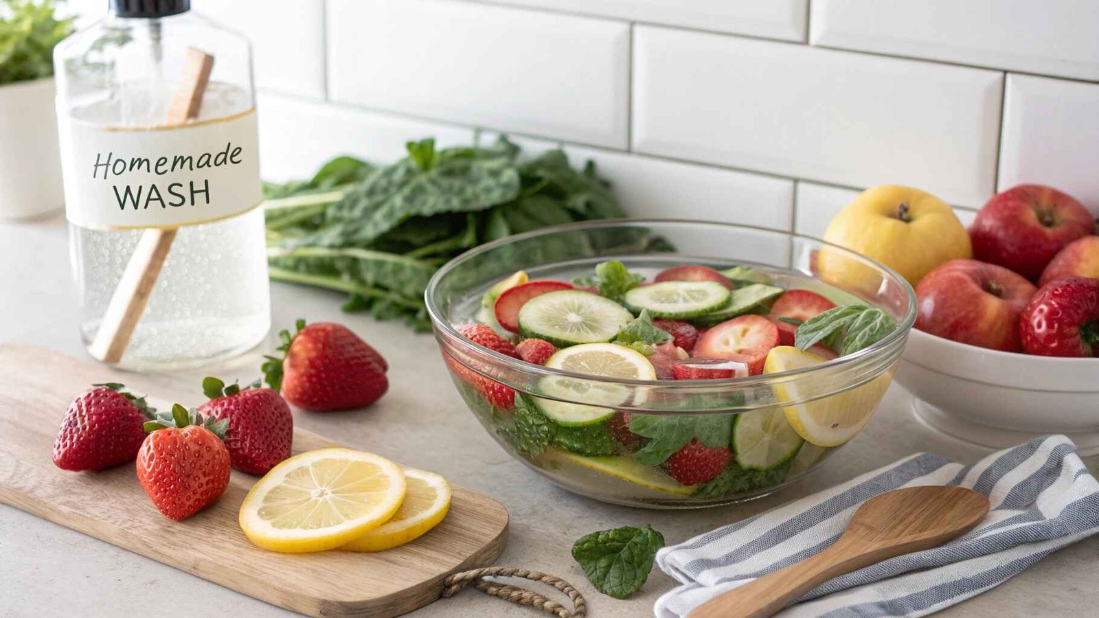 Homemade fruit and vegetable wash in a bowl with fresh produce.