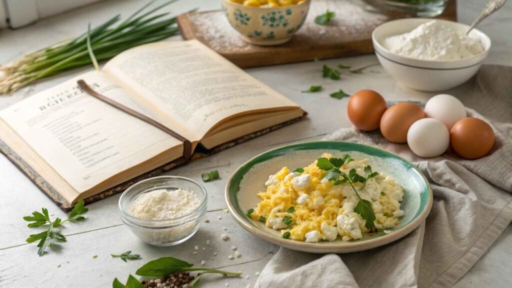 Delicious cottage cheese and egg recipes displayed on a kitchen counter with fresh ingredients and a cookbook.