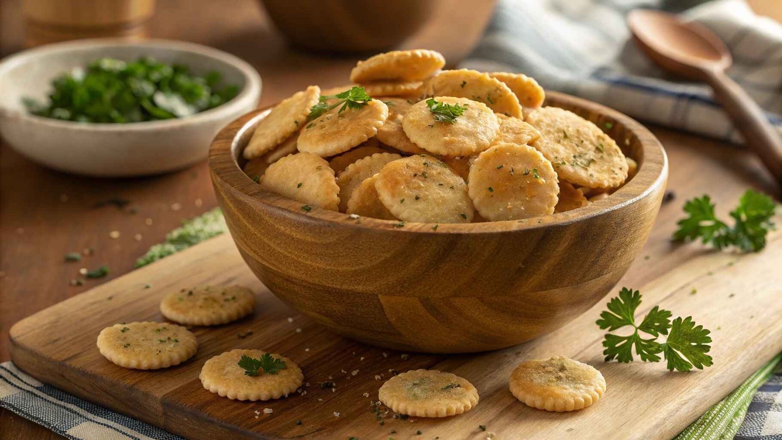 Crispy oyster cracker snacks served in a wooden bowl with seasoning and fresh parsley.