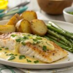 The Best Pollock Fish Recipes: Simple, Flavorful, and Healthy 9 Baked pollock fillet with a golden crust, drizzled with lemon butter sauce, and served with roasted potatoes and asparagus.